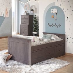 TWIN SIZE CAPTAINS STORAGE BED RUSTIC DESIGN GRAY FINISH