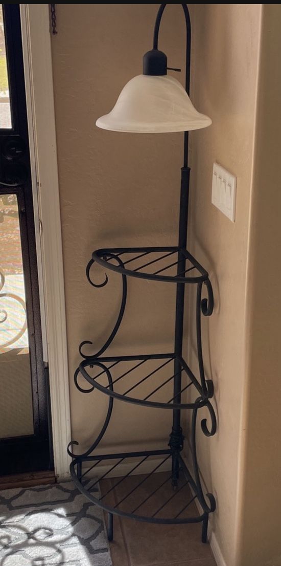 Vintage Corner Black Wrought Iron Shelf With Attached Floor Lamp
