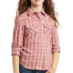 ARIAT Girl's Plaid Snap Up Long Sleeve Shirt Blush Size XL 14