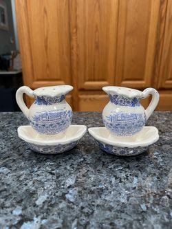 Vintage Ceramic Split Salt and Pepper Shakers Blue White Pitcher and Bowl.  Size approximately 3 inches tall.  Preowned wear in the bottoms due being 