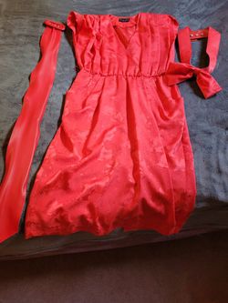 Red Satin Sleeveless Dress with V Neckline, Elastic Waist and 2 Belts.