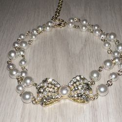 Pearl Choker Ribbon Style Rhinestones And Silver Tone Layered Elegant Necklace 