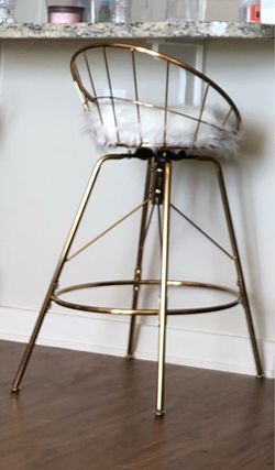 Set of Two Gold and White Faux-Fur Bar Stools