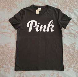 Victoria's Secret PINK Black Crewneck Graphic Short Sleeve T-shirt Size Small
