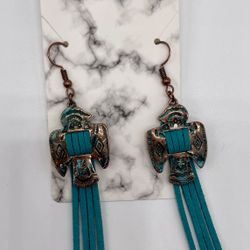 Handmade Vintage boho Turquoise genuine leather earrings With Carved Cooper