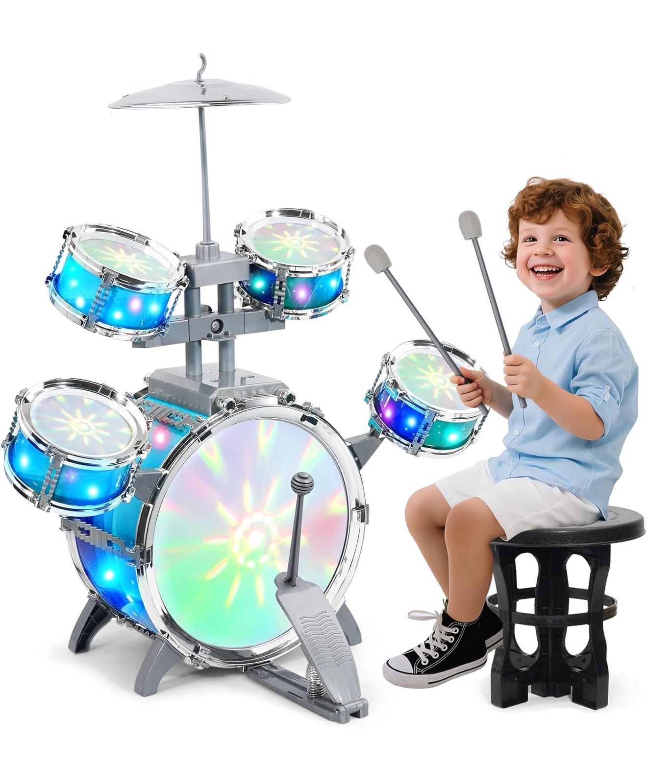 Drum Set for Kids 1-3, Jazz Drumset for Toddler 3-5 Vibrant Aurora Light with 5 Pcs High Drums, Musical Instruments Toy for Age 5-7 Year Old Boys Girl
