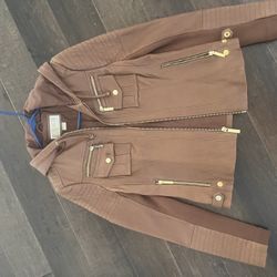 Michael Kors Brown Leather Jacket with Gold Accents 