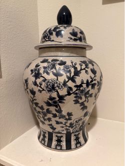 18” Blue & White Crackle Ceramic Ginger Jar with Lid