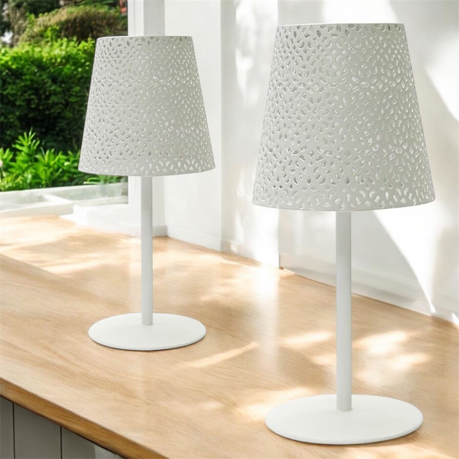 Set Of 2 Festive Garden Party Solar Table Lamps. White, Metal Shade