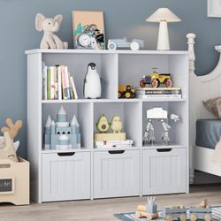 Toy Storage Organizer with 3 Movable Drawers, 5 Cube Kids Bookcase for Playroom, Storage Cabinet for Living Room, Gray Finish