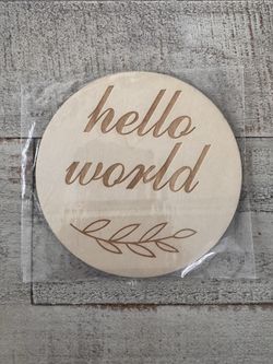 Beige Wooden Hello World Birth Announcement Card Set with Name, Date Fields