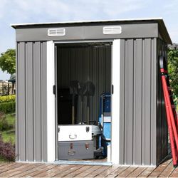 6 x 4FT Outdoor Storage Shed with Sliding Door, Metal Garden Storage Shed for Bike, Small Tool Flat Shed for Backyard, Patio, Lawn