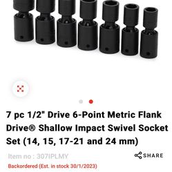 7 pc 1/2" Drive 6-Point Metric Flank Drive® Shallow Impact Swivel Socket Set (14, 15, 17-21 and 24 mm)