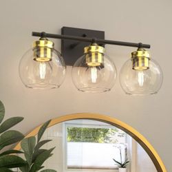 3 Light Black and Gold Bathroom Light Fixtures, Bathroom Light Fixtures with Clear Glass Globe Shade and E26 Base, Bathroom Lights Over Mirror