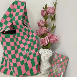 Bag Stripe Checkered Handbag Tote Pink Green 