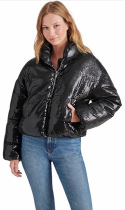 NWT Steve Madden Stratton Sequin Cropped Puffer Jacket Black Medium MSRP $139