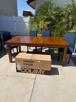 Extendable Solid Wood Dining Table + 6 Navy Upholstered Chairs (2 NEW in Box)