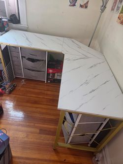 Mr IRONSTONE L-Shaped Computer Desk in Marble White with a gold metal frame