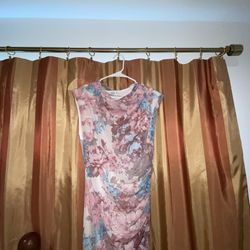 New Robbie Bee Pink Blue Floral Cowl Neck Sleeveless Ruched Mesh Maxi Dress, L