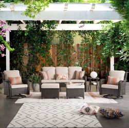 6 Pieces Outdoor Patio Furniture Wicker High-Back Conversation Set with Swivel Rocking Chairs and Ottoman, Beige