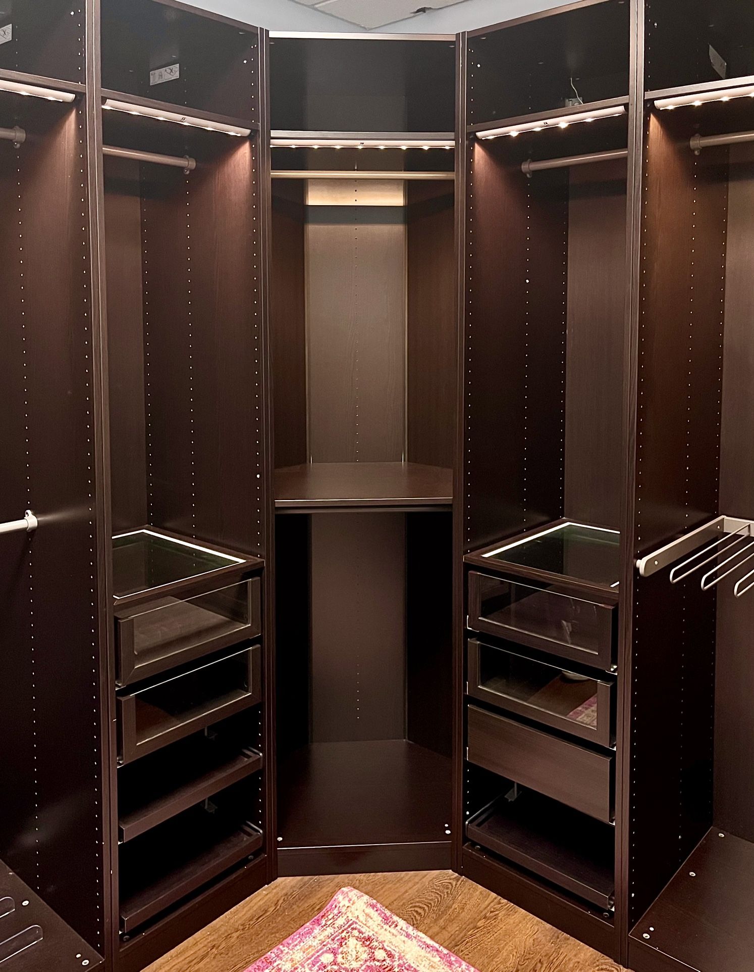 3 Pc Ikea Corner Wardrobe Expresso with double bar for hangers with top shelve with light $ 65 each