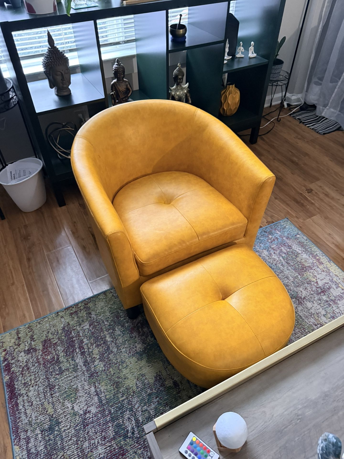 Yellow Faux Leather Chair And Foot Stool