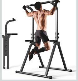 Foldable Pull Up Bar Free Standing Multi-function Power Tower Dip Bar with Assistance Bands Home Gym Strength Training Equipment