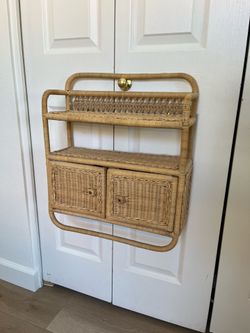 Vintage Wicker Wall Shelf with Two Drawers – Boho Rattan Storage