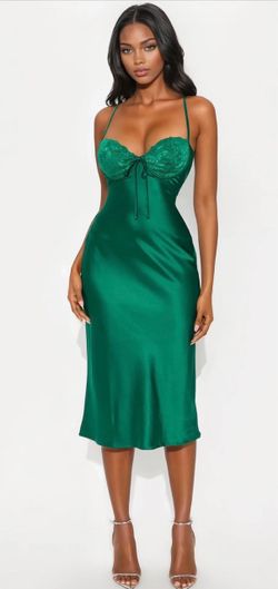 Size: S Green Satin Lace Bustier Midi Slip Dress