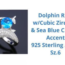 Adorable Dolphin Ring, cz's & Blue Crystals,  Sz.6