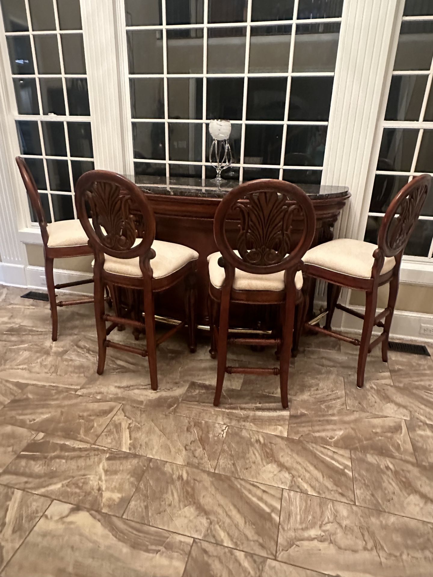 Pulaski’s Edwardian Marble Top Bar And Stools