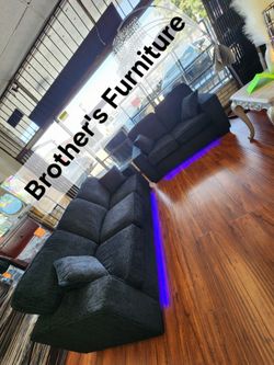 Sofa and Loveseat Black Chenille fabric, LED Light bottom. New Especial price
