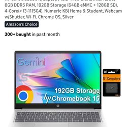 HP Chromebook 15 Laptop ( 15.6" Anti-Glare, Intel N200, 8GB DDR5 RAM, 192GB Storage (64GB eMMC + 128GB SD), 4-Core(> i3-1115G4), Numeric KB) Home & St