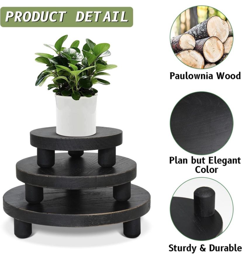 3 Pack Wooden Plant Stools, Wooden Plant Stand, Decorative Round Flower Shelf, Flower Pot Riser Stand, Flower Pedestal Riser Stand with Wooden Legs fo