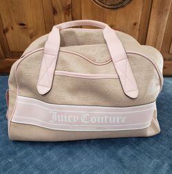 Pink & Tan Juicy Couture Weekender Duffle Bag Featuring Repeating Embossed Logo Pattern And Centered Juicy Couture Stripe! *Zipper Not Working