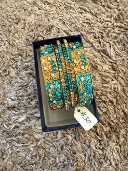 Teal and Gold Rhinestone Bangle Bracelet Set