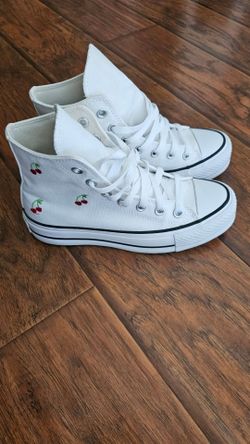 White Converse with cherry embroidery