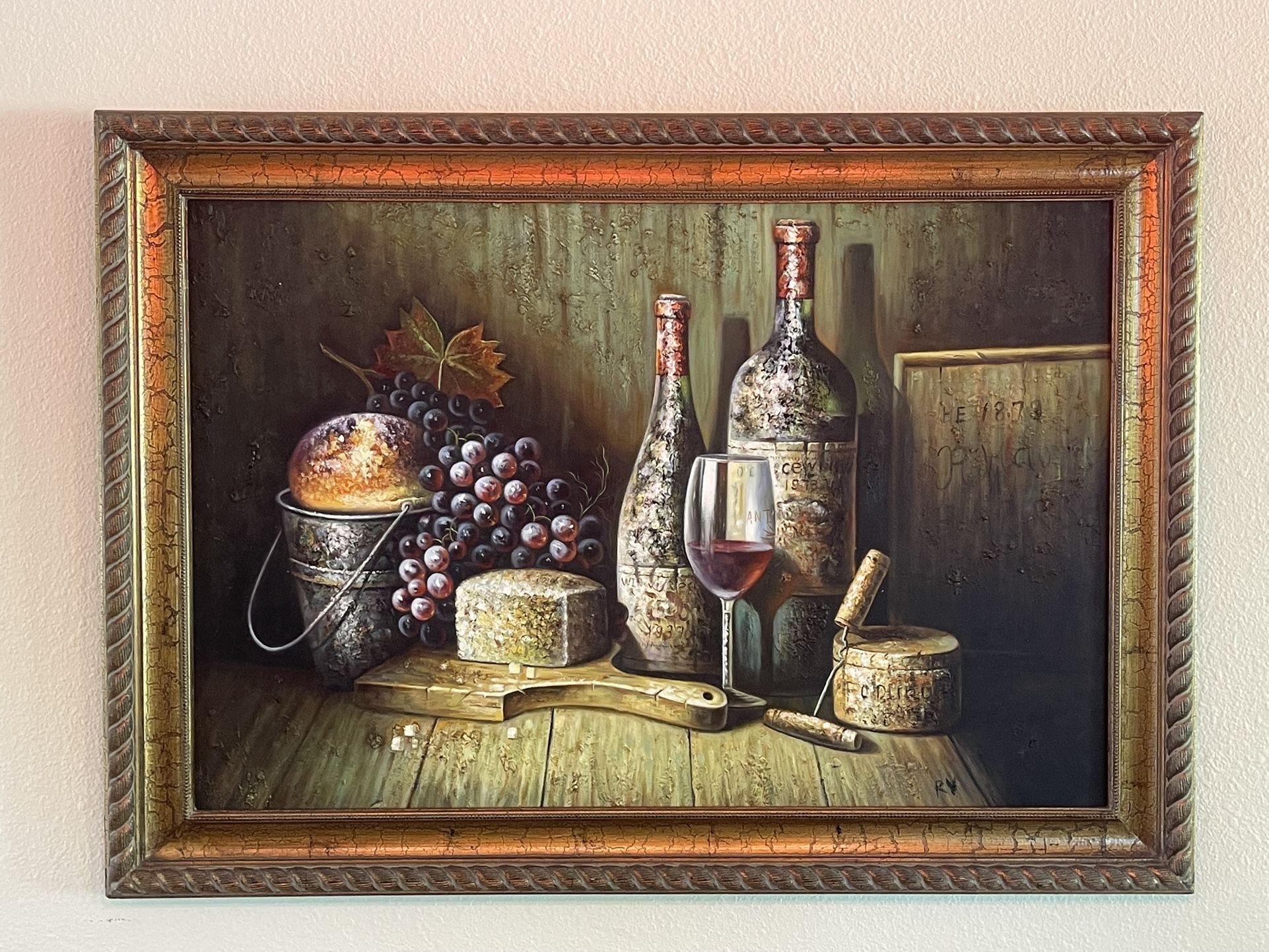 “Vintage Wine & Cheese Still Life” (Signed RV, 42” x 30” Oil on Canvas)