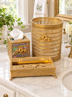 Vintage Hollywood Regency Gold Filigree Bathroom Vanity Set Waste Paper Basket Two Tissue Box Covers