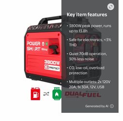 PowerSmart 3800/3300 Watt Dual Fuel Portable Inverter Generator Gas/Propane with CO Protect (HB5040DC)