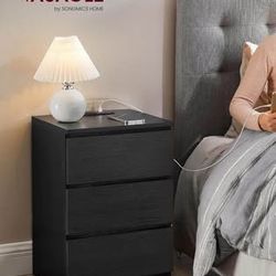 New Nightstand Charging Station, 2 AC Outlets, 2 USB Ports, Bedside Table, 3 Drawers, Ebony Black