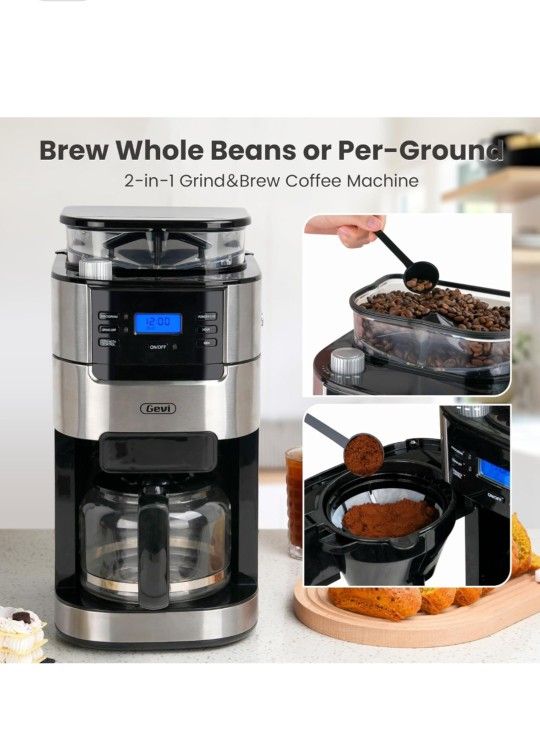 Gevi 10 Cup Drip Coffee Maker with Built in Grinder, Programmable