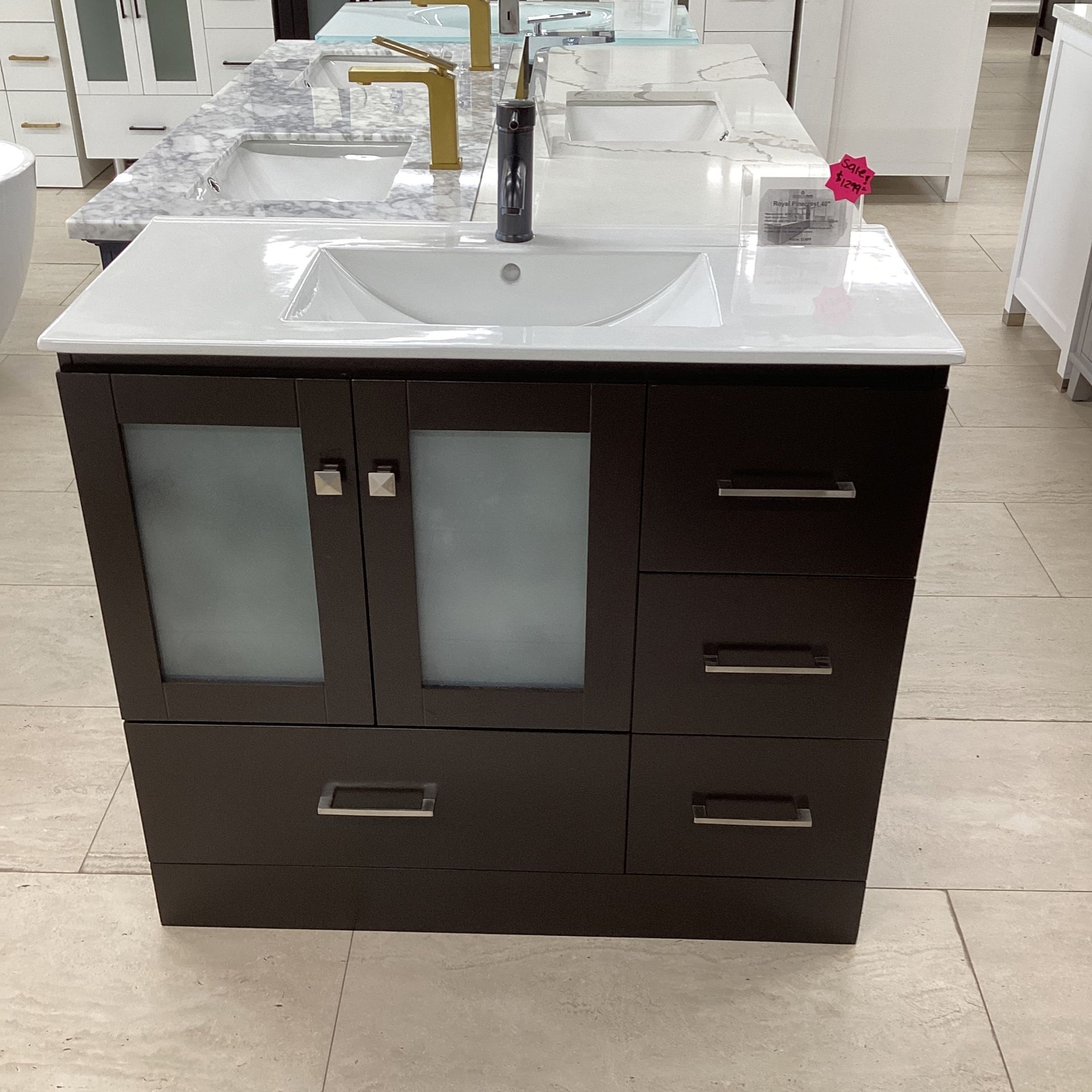 40” Bathroom Vanity Cabinet Espresso Color Fully Assembled Ceramic Top Soft Close Drawers And Doors