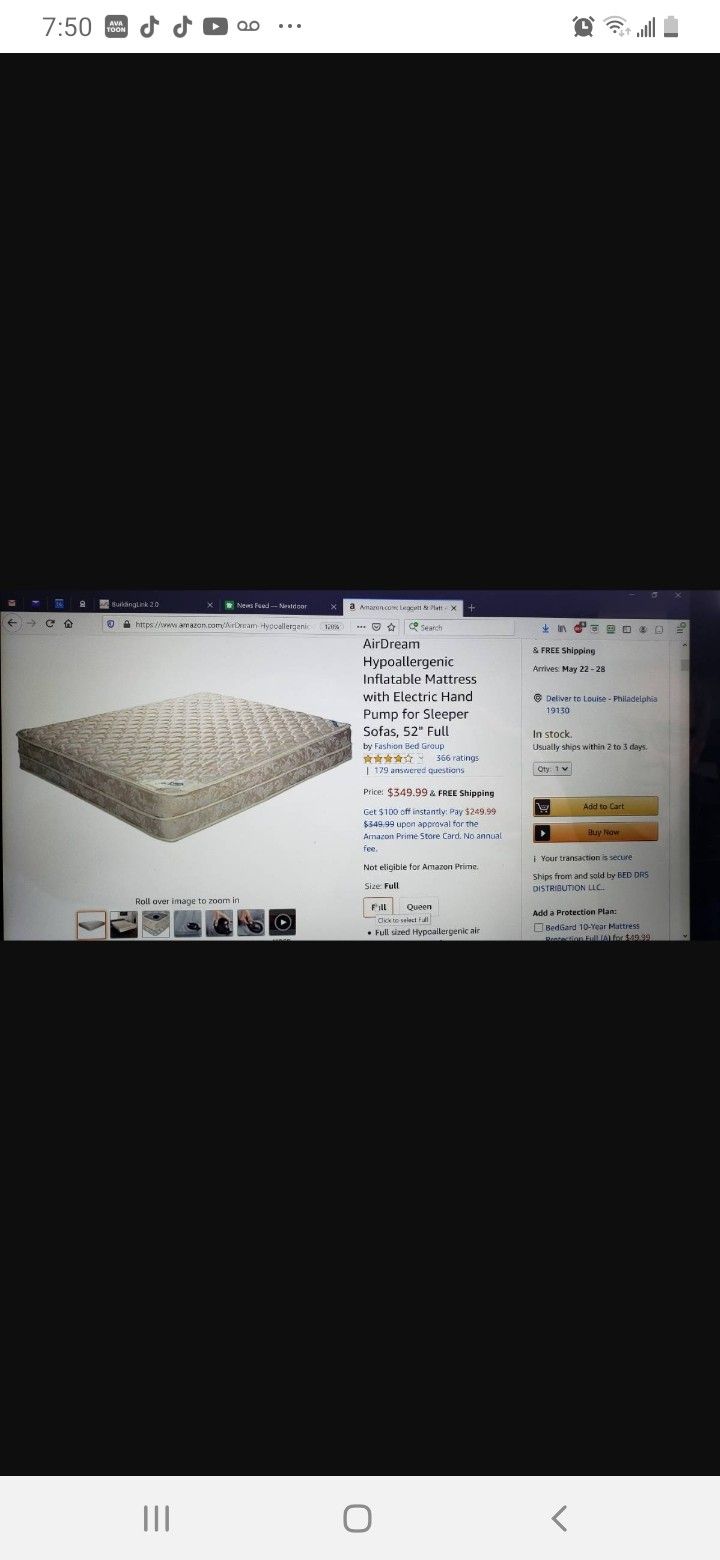 Inflatable mattress with pump full double size