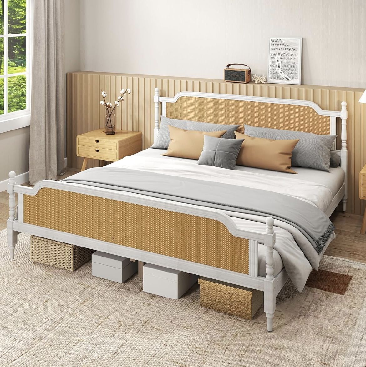 New in box! Full Size/ Queen Size/ King Size Bed Frame, King Platform Bed Frame with Natural Rattan Headboard and Footboard
