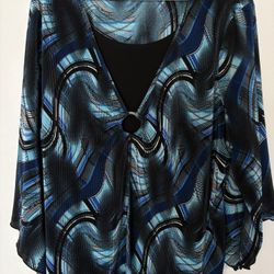 Maggie Barnes Women’s Plus Size OX Black Blue Floral Tunic Top 3/4 Embellished V Veck