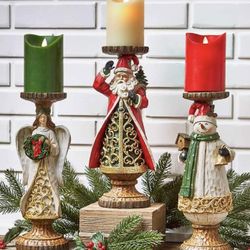 LTD Commodities Wood Carved-Look Holiday Candleholder Angel, Santa And Snowman