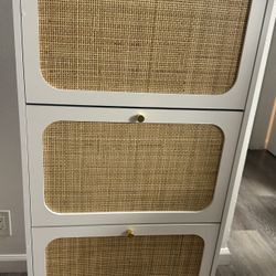 3-Door Rattan Freestanding Shoe Rack, Modern Woven Shoe Storage Cabinet