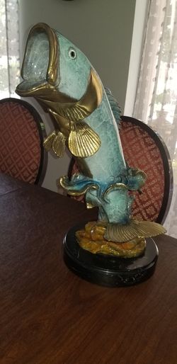 Bronze Sculpture Bass Fish with special patina and Marble base