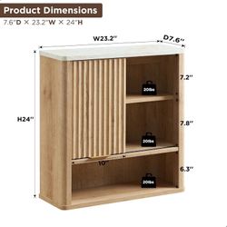 Bathroom Wall Cabinet w/Fluted Sliding Door, Modern Medicine Cabinet w/Faux Marble Top & Adjustable Shelf, Curved Profile Wall Mounted Storage Organiz
